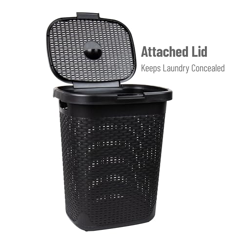 Mind Reader Slim Laundry Hamper with Lid, 50L Clothes Basket, Premium Wicker Design, Plastic, Black - color: Black