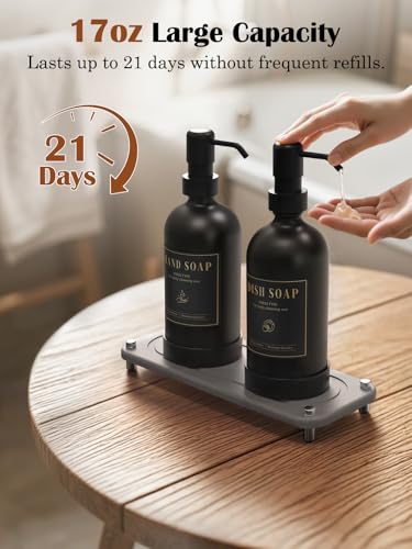 Luxspire 17 oz Glass Liquid Soap Dispenser Set, Black + Dark Gray, 2 Pack | Anti-drip pump, wide mouth easy refill, non-slip silicone base, 7 waterproof labels, refillable glass for hand dish soap - color: Black+gray