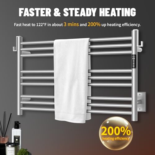 K&KALONZO Wall-Mounted 9-Bar Heated Towel Rack, Fast Heat in 2 Min, NTC Safety | 4 Timers & 3 Heat Levels Control, Plug-In/Hardwired, Top Hooks, Memory Function, Anti-Scald, Stainless Steel, EL13ML - color: Brushed, size: H 19.7 x W 31.5