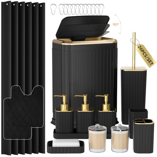 Bathroom Accessory Set - 26PC Bathroom Sets with Shower Curtain and Rugs, Black Bathroom Set, Bathroom Sets with Stainless Steel Trash Can, Toilet Brush