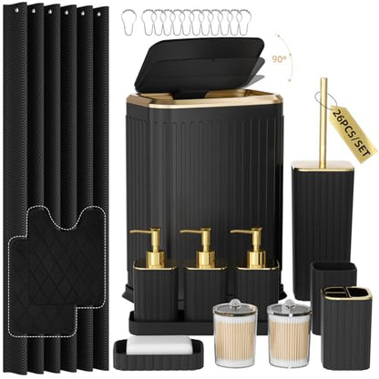 Bathroom Accessory Set - 26PC Bathroom Sets with Shower Curtain and Rugs, Black Bathroom Set, Bathroom Sets with Stainless Steel Trash Can, Toilet Brush