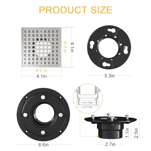 4 Inch Square Shower Drain, Brushed Nickel | ABS Flange & Hair Strainer, SUS 304 Stainless Steel, Removable Grid Cover, Anti-Clog - color: Brushed Nickel