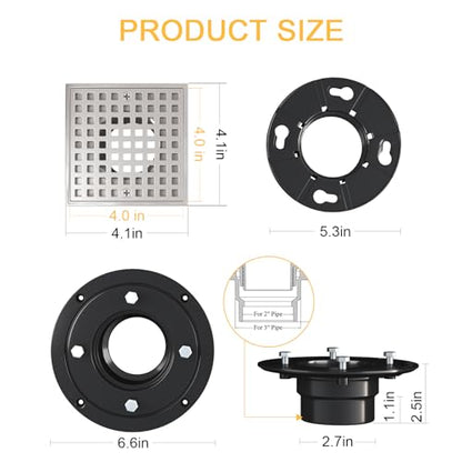 4 Inch Square Shower Drain, Brushed Nickel | ABS Flange & Hair Strainer, SUS 304 Stainless Steel, Removable Grid Cover, Anti-Clog - color: Brushed Nickel
