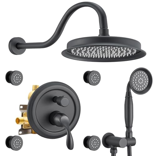 DASAN Antique Shower Faucet Sets Complete Rain Shower System in Wall with Body Shower Spray Jets, Matte Black Shower Fixtures with 9’’ Rainfall Overhead Shower, Handheld, Valve & Trim Kit, AT249W-MB - color: Matte Black