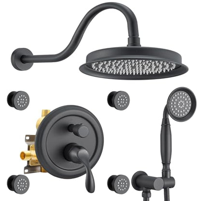 DASAN Antique Shower Faucet Sets Complete Rain Shower System in Wall with Body Shower Spray Jets, Matte Black Shower Fixtures with 9’’ Rainfall Overhead Shower, Handheld, Valve & Trim Kit, AT249W-MB - color: Matte Black