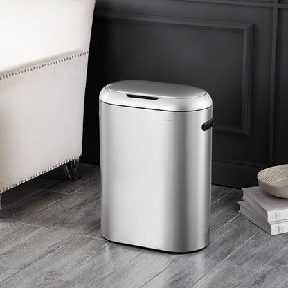 happimess 13.2 Gal Oval Motion Sensor Trash Can, Platinum Silver | Oval, Motion Sensor, Touch Mode, Fingerprint Resistant, Stainless Steel, Soft Close Lid, 17.7" W x 9.84" D x 24.2" H - color: Platinum Silver
