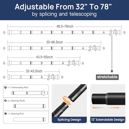 ENJOYBASICS 2 Pack Tension Curtain Rod, 32-78" Adjustable, Stable, Black | Secure Hold with Strong Spring & Non-Slip Ends, No-Drill, No Tools, Sag-Resistant, Waterproof, Fits Windows, Showers & Closet - color: Black, size: 32-78"