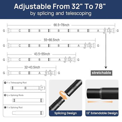 ENJOYBASICS 2 Pack Tension Curtain Rod, 32-78" Adjustable, Stable, Black | Secure Hold with Strong Spring & Non-Slip Ends, No-Drill, No Tools, Sag-Resistant, Waterproof, Fits Windows, Showers & Closet - color: Black, size: 32-78"
