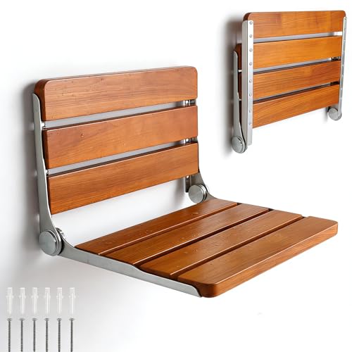 Folding Shower Seat Wall Mounted Shower Seat,Folding Shower Bech Chair 316 Stainless Steel Frame,Foldable Teak Wood Fold Down Shower Seat Beech Wood 450 lbs,1 Pack - color: Beech Wood Color