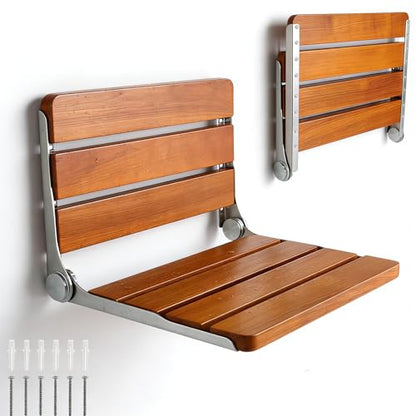 Folding Shower Seat Wall Mounted Shower Seat,Folding Shower Bech Chair 316 Stainless Steel Frame,Foldable Teak Wood Fold Down Shower Seat Beech Wood 450 lbs,1 Pack - color: Beech Wood Color