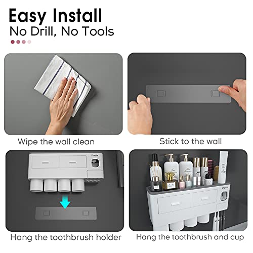 iHave Toothbrush Holders Wall Mounted with Toothpaste Dispenser & 4 Cups | All-in-One Bathroom Organizer: 4 Cups, 7 Slots, Toothpaste Dispenser, Large Tray & Drawer. Wall Mount, No Drilling Required - color: White, size: 4 cup