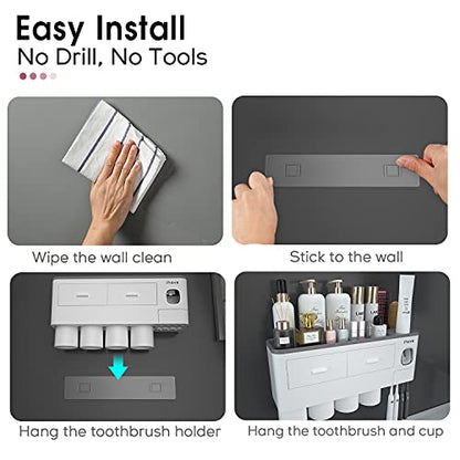 iHave Toothbrush Holders Wall Mounted with Toothpaste Dispenser & 4 Cups | All-in-One Bathroom Organizer: 4 Cups, 7 Slots, Toothpaste Dispenser, Large Tray & Drawer. Wall Mount, No Drilling Required - color: White, size: 4 cup