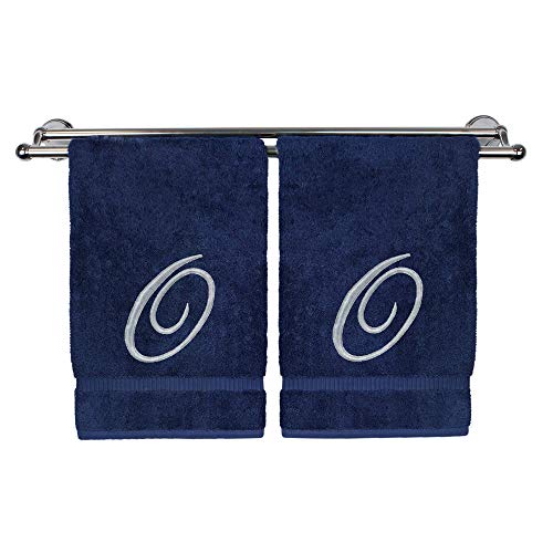 BC BARE COTTON Monogrammed Hand Towel, Navy, 16 x 30 Inches - Set of 2, Extra Absorbent 100% Turkish Cotton, Soft Terry Finish, Personalized Gift - color: Silver on Navy, style: Initial O