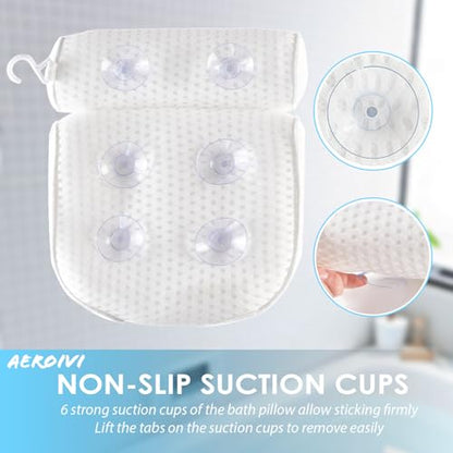 AEROiVi Luxury Bath Pillows for Tub Soft Mesh Strong 6 Suction Cups White | Bath Pillow with laundry bag head and neck support Relaxing Bath Washable Quick-Dry Bath Accessories Spa Gifts - color: White