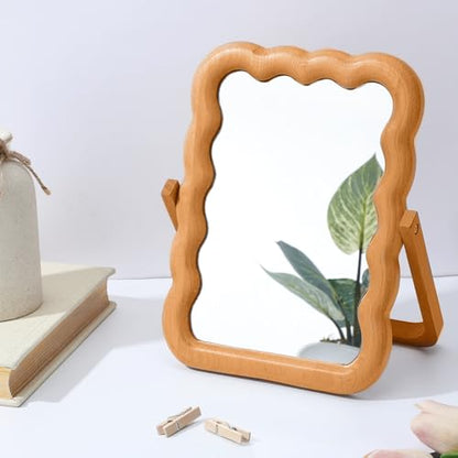 Wooden Wave Shaped Makeup Table Mirror with Stand Folding Tabletop Vanity Mirror Scalloped Aesthetic Wood Framed Standing for Boho Office Desk Home Decoration, 10.24 x 7.87 x 0.79 Inches
