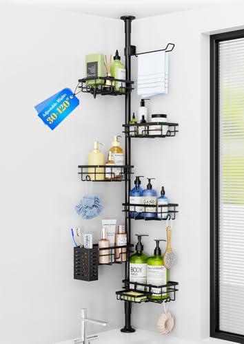 Corner Shower Caddy Organizer Tension Pole, Adjustable 6 Shower Shelves Corner Shelf 30-120Inch Rustproof Shower Rack for Inside Shower, Extra Towel Bar Soap Dish Bathroom Organizers and Storage Black - color: Black