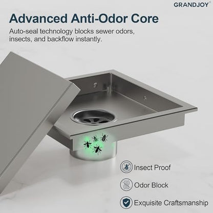 6 Inch Square Shower Floor Drain, Brushed Nickel SUS304 Stainless Steel Grid Grate with X-Shaped High Flow Channel, Anti-Clogging Hair Strainer, Standard 2" Outlet | Reversible flat & tile-in cover, anti-odor auto-seal core, burr-free smooth edges for bar