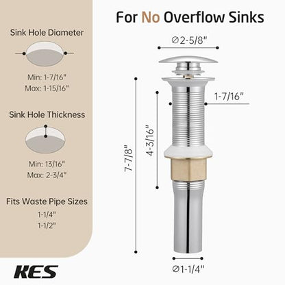 KES Bathroom Sink Drain with Strainer Basket Hair Catcher Anti Clog Pop Up Drain Stopper Vanity Vessel Sink Without Overflow, Polished Chrome S2013D-CH - color: Polished Chrome, style: for NO overflow sink,1-pack