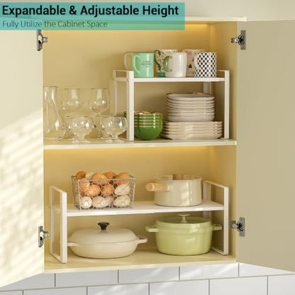 2 Pack Expandable Cabinet Organizer Shelves, 88lbs High Weight Capacity, Stackable Heavy-Duty Metal Storage Rack, Adjustable Cabinet Shelf for Kitchen, Pantry, Cupboard, Under Sink, White - color: White