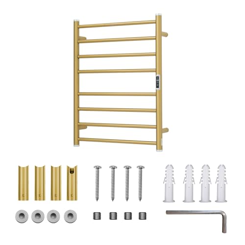 Electric Towel Warmer Rack,Heating Towel Warmer,Timer & Temperature Control,Wall-Mounted Plug-in for Bathroom,Gold,Stainless Steel,8-Bar(27.56x20.87x4.41in) - color: Round-matte Gold With Brushed Top, size: 8 Bars