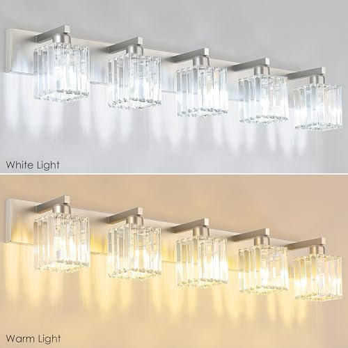 Aipsun Brushed Nickel Bathroom Lighting Fixtures 5 Light Vanity Light Crystal Modern Bathroom Vanity Light (Exclude Bulb) - color: Brushed Nickel, size: 40 inch