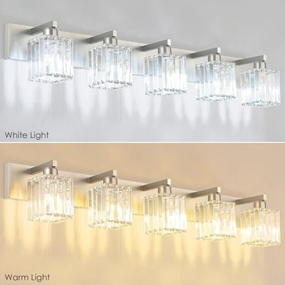 Aipsun Brushed Nickel Bathroom Lighting Fixtures 5 Light Vanity Light Crystal Modern Bathroom Vanity Light (Exclude Bulb) - color: Brushed Nickel, size: 40 inch