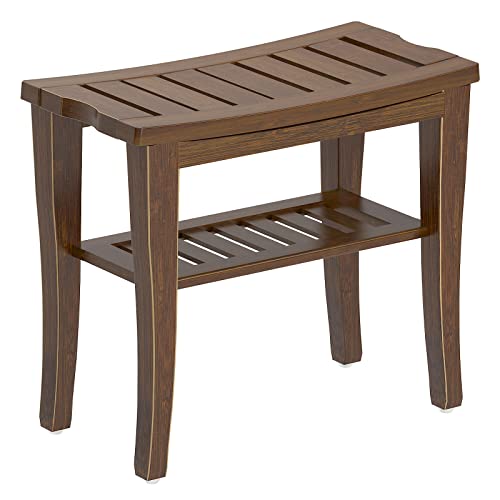 SogesHome Bamboo Shower Bench, Shower Caddies Foot Rest with Storage Shelf for Shampoo Towel, Ideal for Bathroom/Living Room/Bedroom, Dark Brown - color: Dark Brown