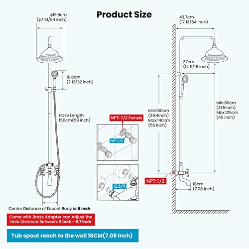 gotonovo Exposed Shower System with Spout,Brushed Nickel,No Shower Shelf | Brass Shower Faucet Set,8’’ Rain Head with Handheld Spray,Swivel Tub Spout,2 Cross Handle,6’’ Hole Distance,Adjustable Height - color: Nickel
