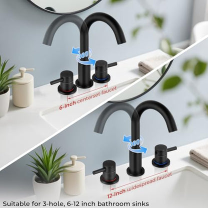 Black Bathroom Faucet 3 Hole, 2-Handle Widespread Faucet (2 Pack) | Lead-free stainless steel, pop-up drain, Detachable faucet aerator, 360°swivel, for RV & vanity sink 3-hole mount - color: 1-Black*2, style: 8 Inch Widespread