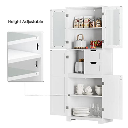 BOTLOG 67'' Tall Bathroom Storage Cabinet, Linen Cabinet with Glass Doors and Adjustable Shelves, Kitchen Pantry with 2 Drawers for Bathroom, Living Room, Dining Room, White | Frosted Glass Doors, Wood Drawers, Kitchen Pantry, Line Cabinet for Bathroom, L