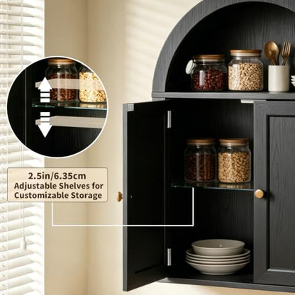 Bathroom Wall Cabinet with LED Light, Over The Toilet Storage Cabinet, Arched Bathroom Cabinet Wall Mount with 2 Doors & Adjustable Shelves, Above Bathroom Sink Cabinet for Laundry Kitchen (Black) - color: Black