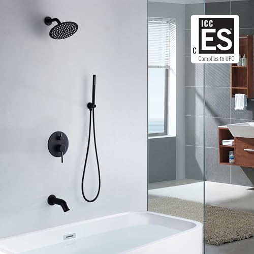 SUMERAIN Matte Black Rain Shower System with 8" Rain Shower Head | Waterfall Tub Spout, Brass Handheld Shower, Shower Faucet Set, Concealed Box Design, Easy to Maintain and Install - color: Matte Black, size: 3 Function