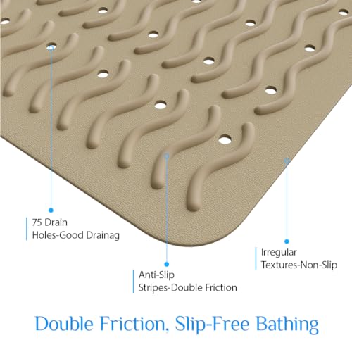 Non Slip Bathtub Mat & Shower Mat, 31x15'' Anti Slip Bath Mat for Tub, Soft TPE Anti-Skid Bathroom Mat with 194 Suction Cups & Drain Holes, Wave-Textured Grip, Machine Washable,Brown