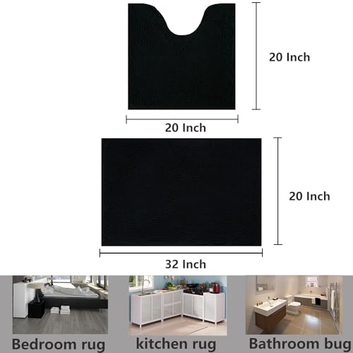 Bathroom Rugs Chenille, Extra Thick and Absorbent, Non-Slip, Machine Washable, Dry Quckily, Soft Cozy Plush, Used Under Shower Bathtub and Sink, Bath mat Sets Black - color: Black, size: 20 x 32 inch + 20 x 20 inch (U-Shape)