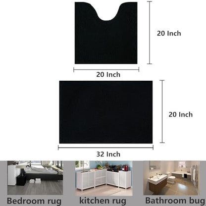 Bathroom Rugs Chenille, Extra Thick and Absorbent, Non-Slip, Machine Washable, Dry Quckily, Soft Cozy Plush, Used Under Shower Bathtub and Sink, Bath mat Sets Black - color: Black, size: 20 x 32 inch + 20 x 20 inch (U-Shape)