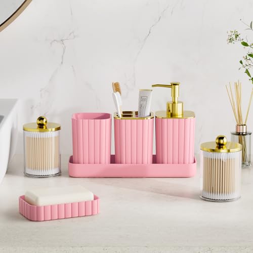 XLHOMO Bathroom Accessory Set - Gorgeous Bathroom Set, 7PC Pink Bathroom Set, Soap Dispenser, Toothbrush Holder, Qtip Holder Set, Bathroom Sets Complete, Bathroom Sink Set for Home Decor - style: Pink&Gold