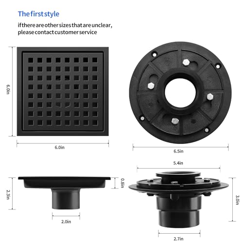 Shower Drain, Matte Black 6 inch Square Shower Floor Drain with Flange, Removeable Grid Panel SUS 304 Stainless Steel Square Shower Drain - color: Matte Black, size: 6 inch