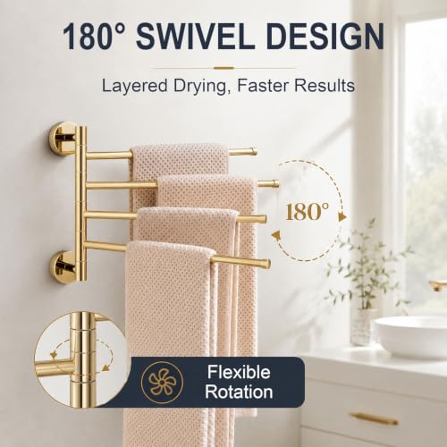 Solid Brass Swivel Towel Bar, Brushed Gold Bathroom Towel Rack, No Drill Adhesive Wall Mounted Rail Hanger, Space Saving Multi Arm Holder for Kitchen Restroom(Silver,27.5cm) - color: Silver, size: 27.5cm