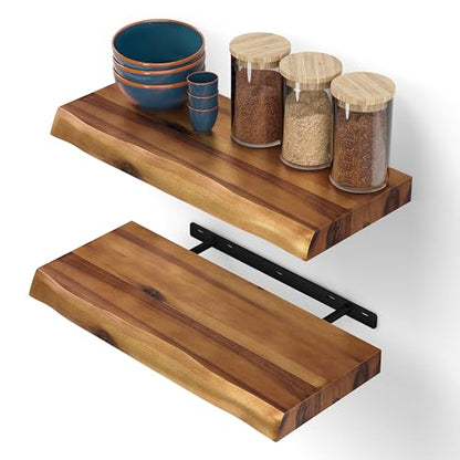 BATODA 17” Acacia Live Edge Floating Shelves, Wooden Floating Shelves for Wall - Set of 2 Floating Book Shelves, Book Shelf for Wall, Bathroom, Kitchen - Mounted Shelf, House Decor with Hardware | Acacia Wood, Live Edge Design, Concealed Brackets, 100 Lb