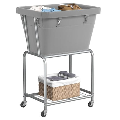 ELYKEN Rolling Laundry Hamper with Wheels, Removable Bag, Laundry Cart | Heavy Duty Metal Frame, 2-Tier Clothes Basket with Shelf, Ideal for Closet, Bedroom, Bathroom & Laundry Room - color: Gray, size: 20.3"L x 15.9"W x 30.9"H