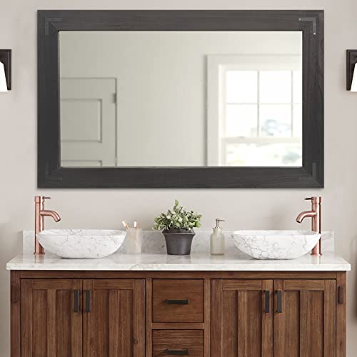 Rustic Wooden Framed Wall Mirror, Natural Wood Bathroom Vanity Mirror for Farmhouse Decor, Vertical or Horizontal Hanging (40" x 26", Black) - color: Black, size: 40"L x 26"W