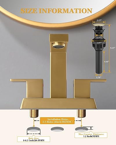 Tohlar Brushed Gold 2 Handle 4 Inch Centerset Bathroom Faucet with Pop Up Drain and 2 Lead-Free Hoses - color: Brushed Gold