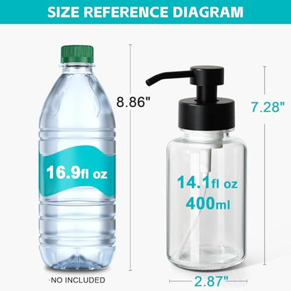 Foaming Hand Soap Dispenser, 14.1 oz/400ml Foaming Soap Dispenser, 2 Pack Glass Foaming Dispenser for Bathroom & Kitchen, Clear Refillable Liquid Dispenser Bottle with Waterproof Labels - color: Clear Bottle+black Pump