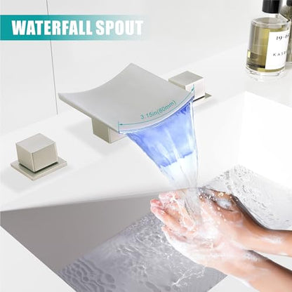 SKOWLL Brushed Nickel Bathroom Faucet, 8 Widespread LED Waterfall Faucets 3 Hole, Modern Vanity Sink Faucets, 2 Handle Deck Mount - color: Brushed Nickel