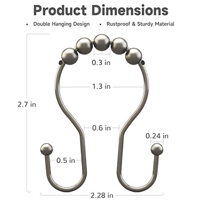 Bathway Shower Curtain Hooks Rust Proof Shower Curtain Rings, Smooth Glide Double Hook Shower Curtain Hooks,Shower Hooks for Shower Curtain Matte Nickel Shower Rod Hooks Shower Curtain Hangers 12Pcs - color: Matte Nickel