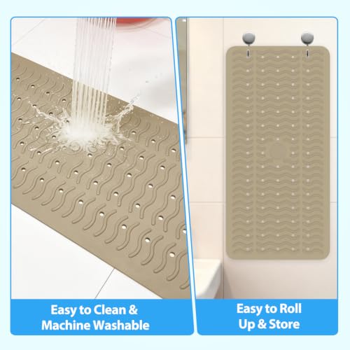 Non Slip Bathtub Mat & Shower Mat, 31x15'' Anti Slip Bath Mat for Tub, Soft TPE Anti-Skid Bathroom Mat with 194 Suction Cups & Drain Holes, Wave-Textured Grip, Machine Washable,Brown