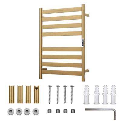 Heated Wall Mounted Electric Towel Warmer Rack,Timer & Temperature Control, 8 Bar Stainless Steel Towel Heater for Bathroom, Brushed Gold, Plug-in(27.56x19.69x4.41in) - color: Brushed Gold, size: 8 Bars