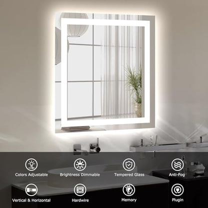 Hivone 28"X32" LED Bathroom Mirror with Lights, Anti-Fog, Dimmable, Backlit + Front Lit, Smart Bathroom Vanity Mirror, Memory Function, Shatterproof, Tempered Glass (Horizontal/Vertical) - size: 28"L x 32"W