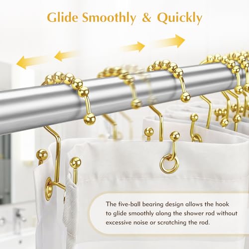 12 Pcs Gold Shower Curtain Hooks, 304 Stainless Steel Shower Curtain Hooks | Shower Curtain Rings Rust Proof, Double Hook Glide Shower Curtain Hooks Gold for Bathroom, Modern Decorative Shower Hooks