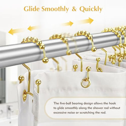 12 Pcs Gold Shower Curtain Hooks, 304 Stainless Steel Shower Curtain Hooks | Shower Curtain Rings Rust Proof, Double Hook Glide Shower Curtain Hooks Gold for Bathroom, Modern Decorative Shower Hooks